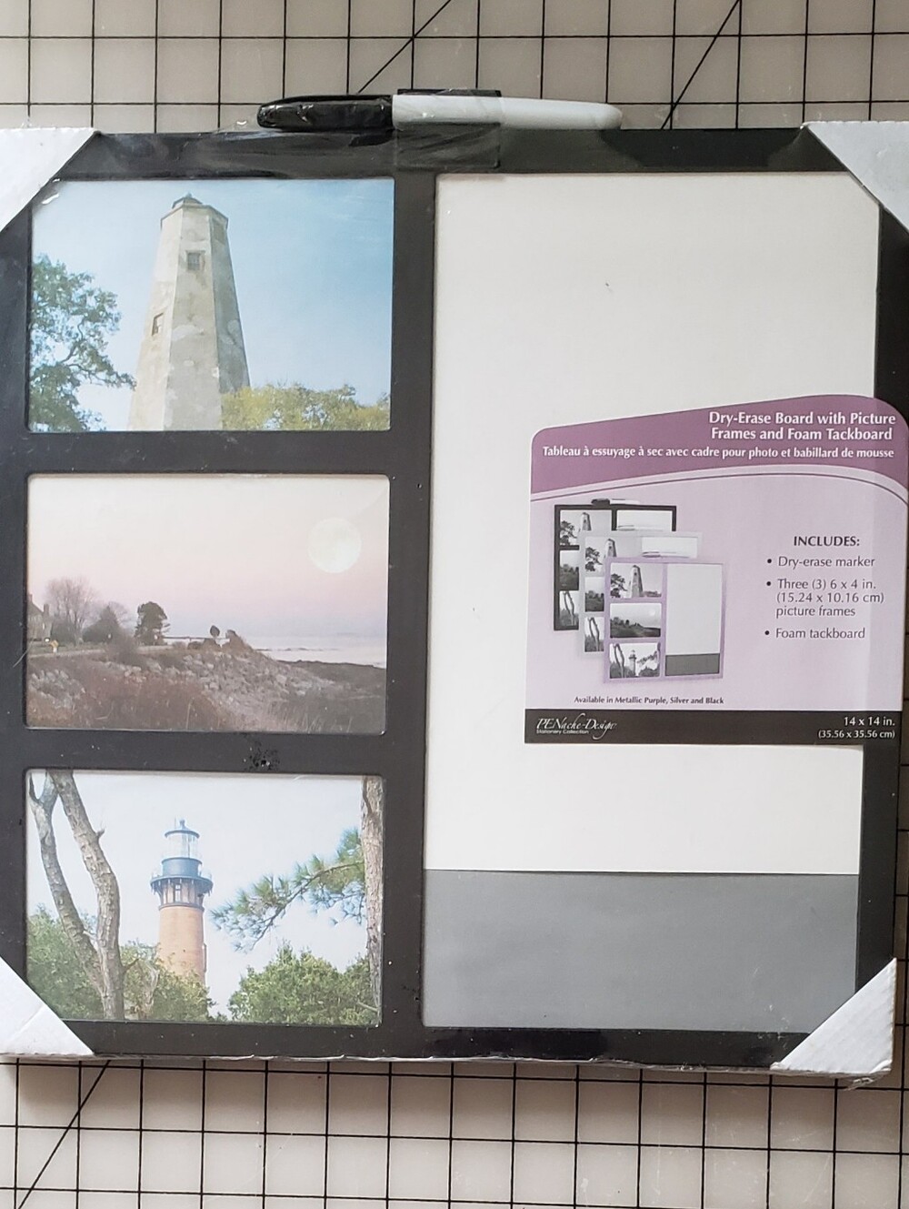 Tapeside 14" x 14" Black Dry-Erase Board with Three Photo Frames 4 x 6